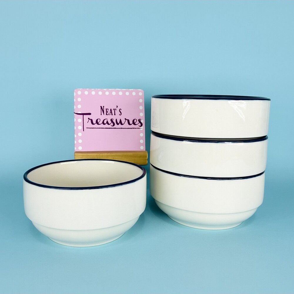 Mainstays White Blue Trim Rim Stoneware Stackable 5.75" Soup Cereal Bowls Set 4